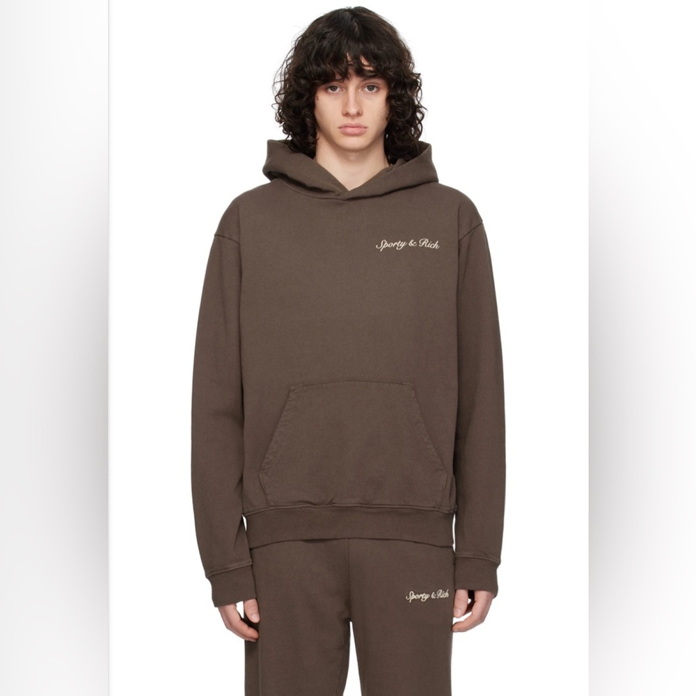 Sporty & Rich Chocolate Brown Embroidered Logo Hoodie
